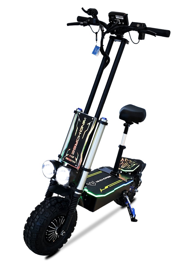 ويندهورس سكوتر H3 الكهربائي القوي، محرك مزدوج 3000 واط، بطارية 60V 40Ah، سرعة قصوى 85 كم/س، مدى 120 كم، إطارات 13 إنش، فرامل هيدروليك، تعليق مزدوج، هيكل فولاذي، إضاءة RGB كاملة - Image 2